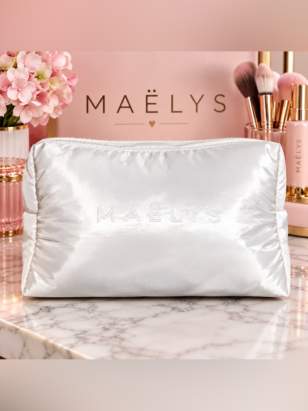 MAËLYS Cosmetics Puffy White Satin Makeup Bag – Hot Pink Lining ✨